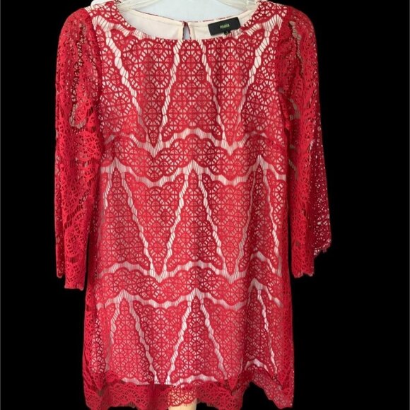 MAIA LADIES DESIGNER RED LACE LINED SCALLOPED EDGE KEYHOLE MINI DRESS NWT 2 - Picture 1 of 9
